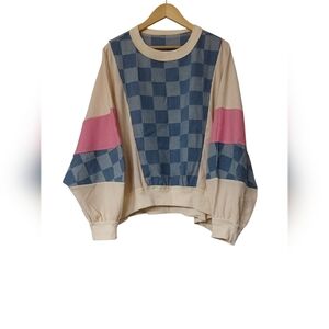 Oversized Checkered Blue and Pink Sleeve Top